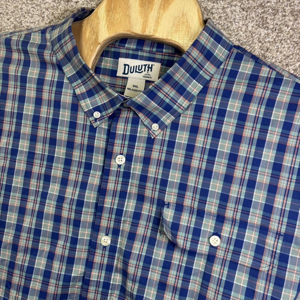 Duluth Trading Co Shirt Mens 3XL Blue Plaid Short Sleeve Button Up Relaxed Fit